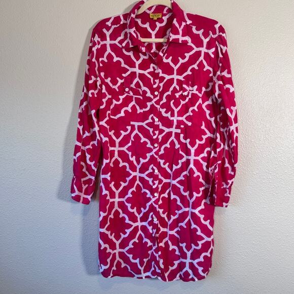 Roberta Roller Rabbit Pink White Print Cotton Shirt Dress Womens L Button Down - Picture 1 of 10